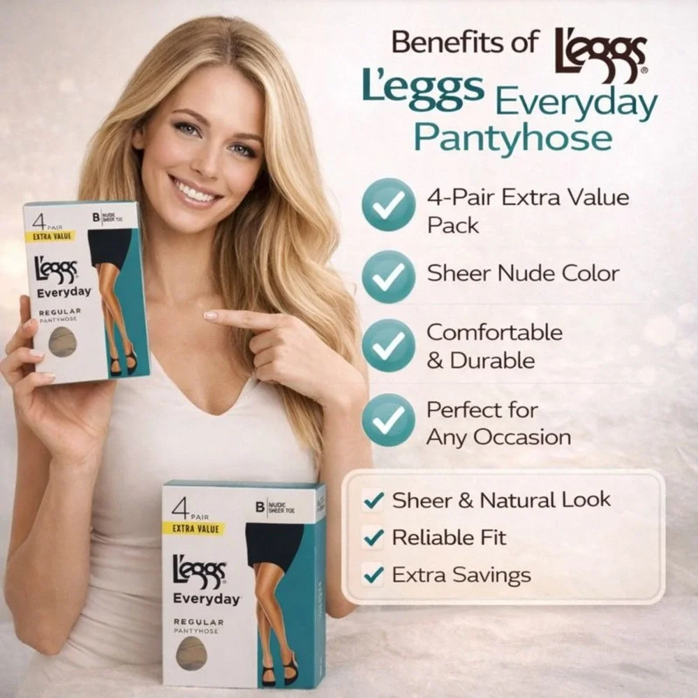 L'eggs Everyday Regular Pantyhose Nude Sheer Toe‎ 4 Pair B Extra Value Lot of 2